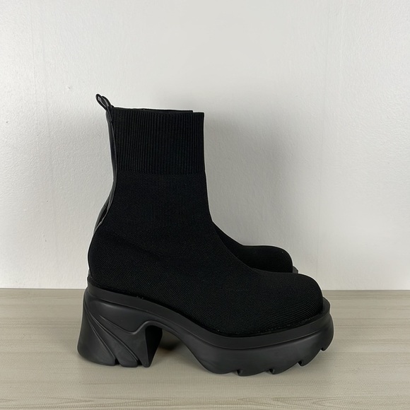 Women's black stretch tight knit slip-on Kinsley round toe booties wedge heel 8 - Picture 5 of 8